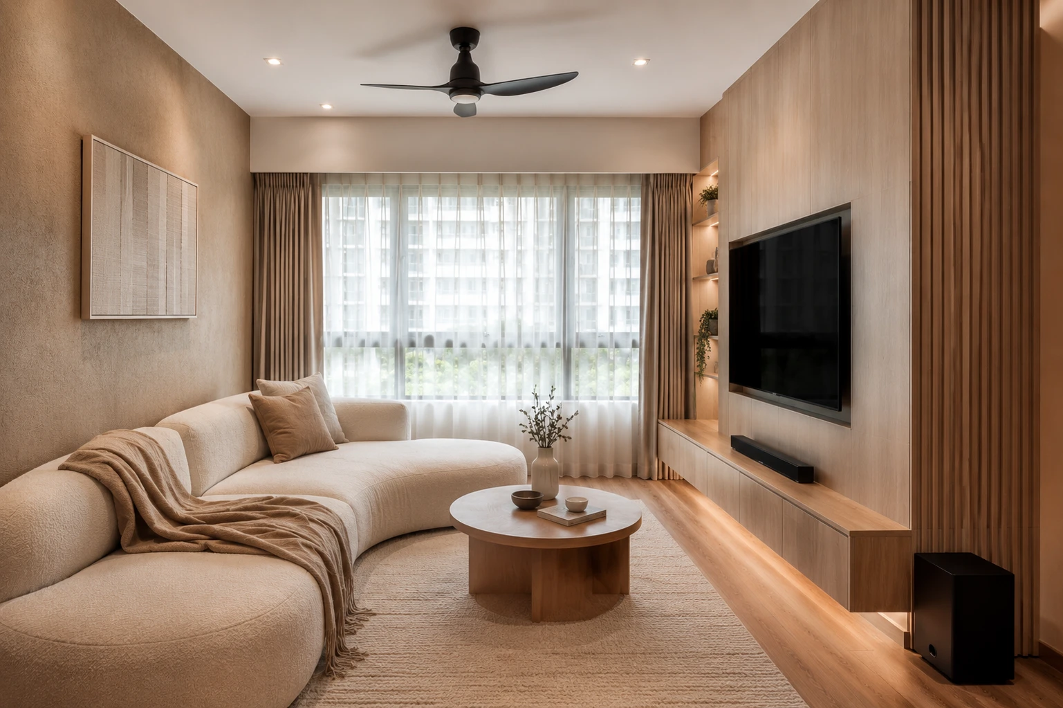 Warm Japandi Singapore HDB living room with oak flooring and calm neutral palette